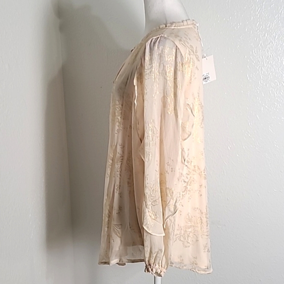 Lauren Conrad Pale Peach Blouse Sheer Overlay, Gold Etched Roses, Sz Large, NWT - Picture 6 of 11